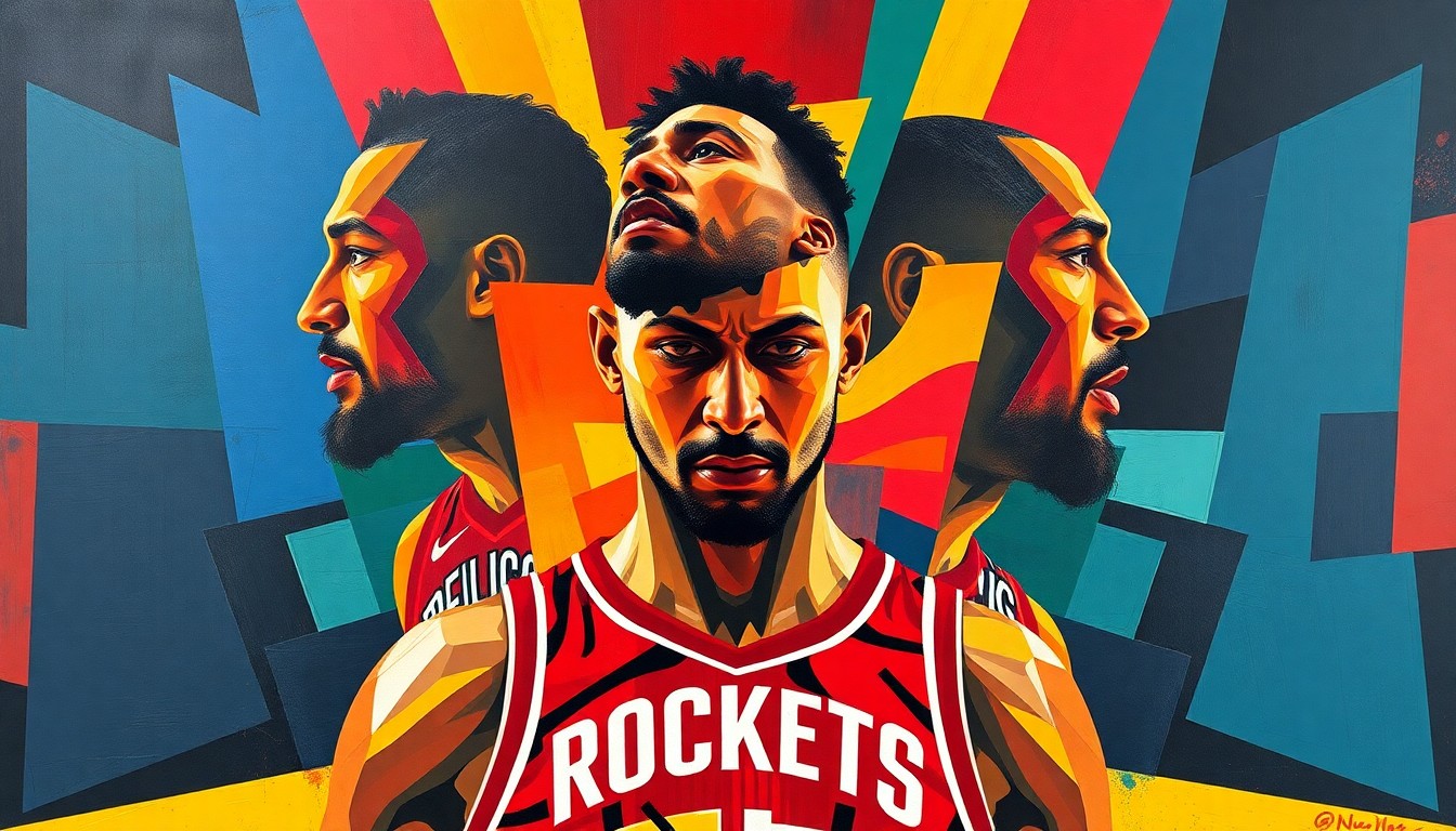 A cubist, geometric painting depicting Alperen Sengun's basketball movements and stats from the Rockets' win over the Pelicans, with the players' figures broken down into angular, overlapping shapes and planes in vibrant team colors.