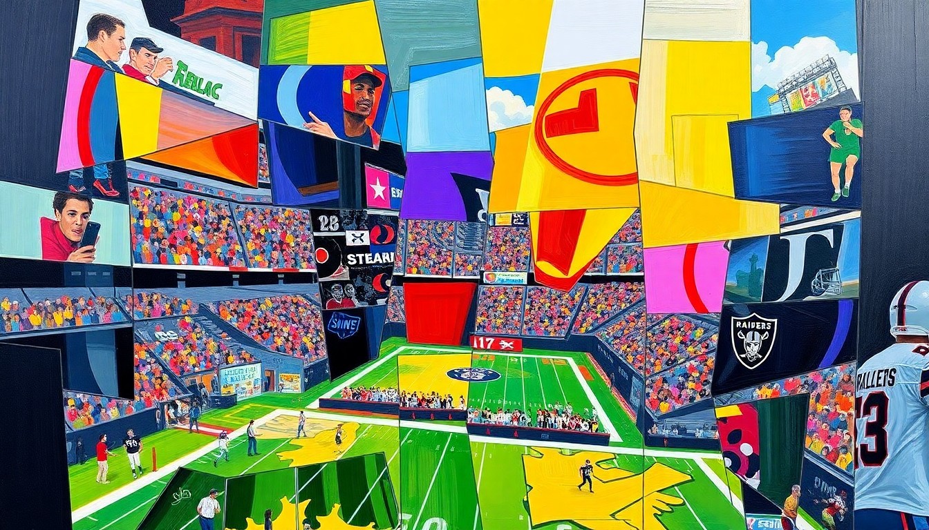 A cubist, geometric painting depicting a fragmented football stadium scene, with sharp, overlapping planes of color representing the energy and excitement of the NFL's decision to host the Super Bowl in Las Vegas again.