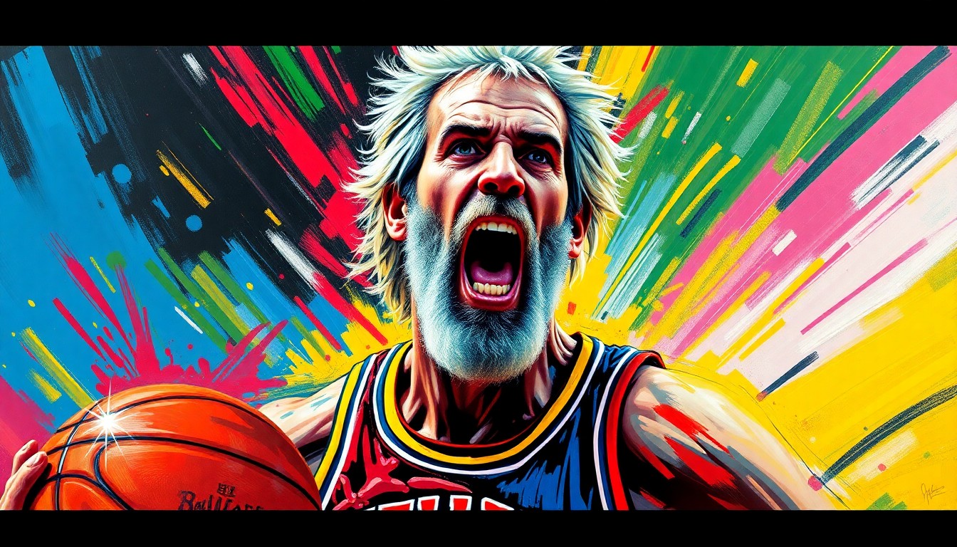An abstract, energetic painting featuring bold brushstrokes and neon colors that convey the powerful presence and athletic prowess of basketball legend Bill Walton, conceptually representing his lasting impact on the sport and the La Mesa community.
