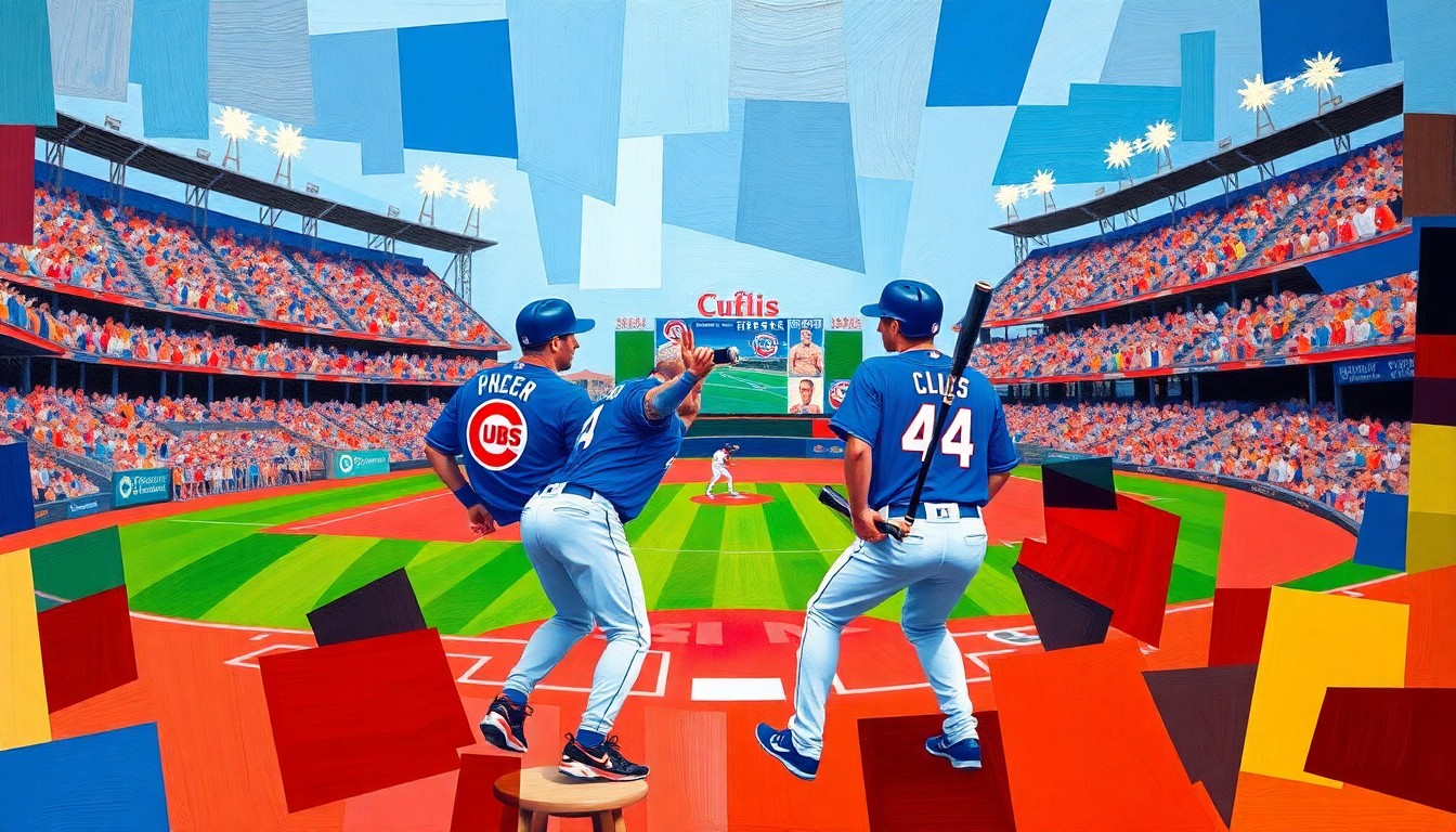 A fractured, multi-perspective painting in bold, vibrant colors that breaks down a Cubs baseball game into sharp, overlapping geometric shapes, conveying the team's focused determination and high-stakes pursuit of a World Series championship.