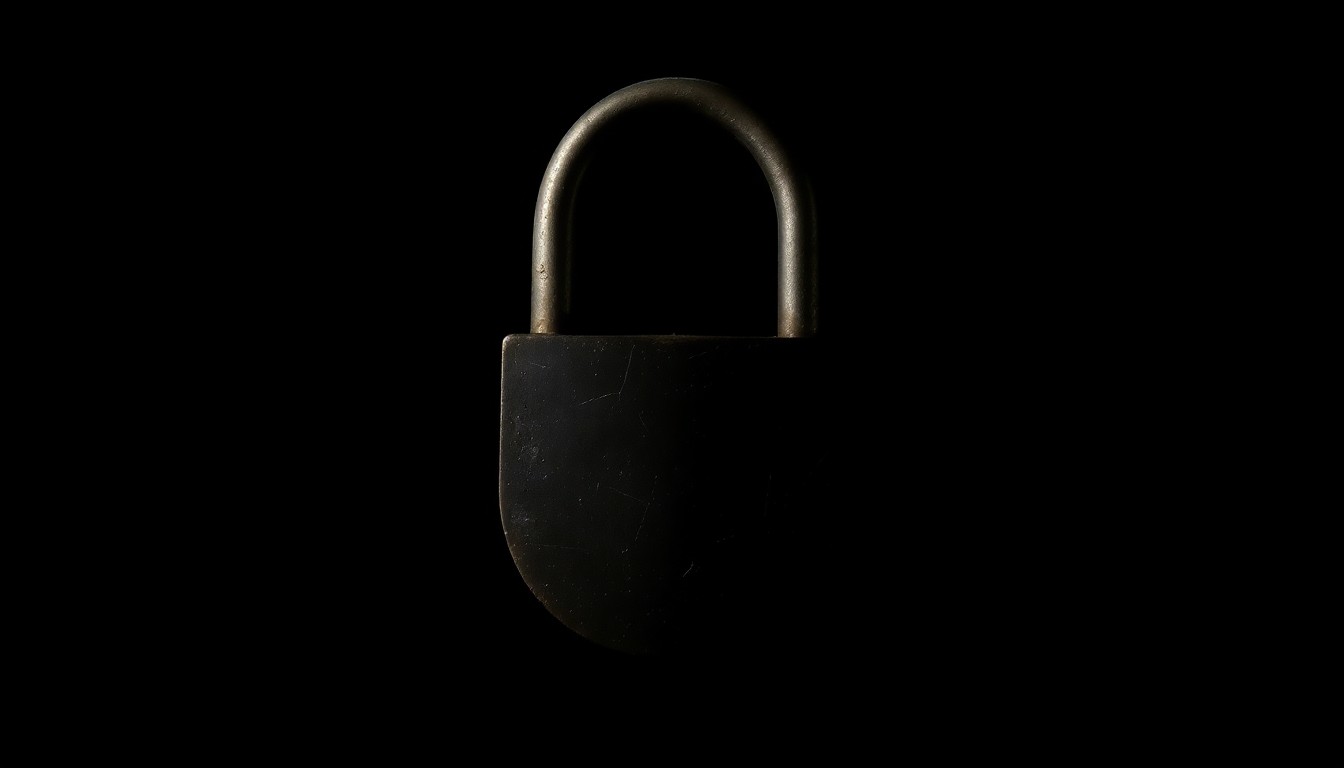 An extreme close-up photograph of a single, weathered padlock against a pitch-black background, conceptually representing the mystery and urgency surrounding a missing person case.