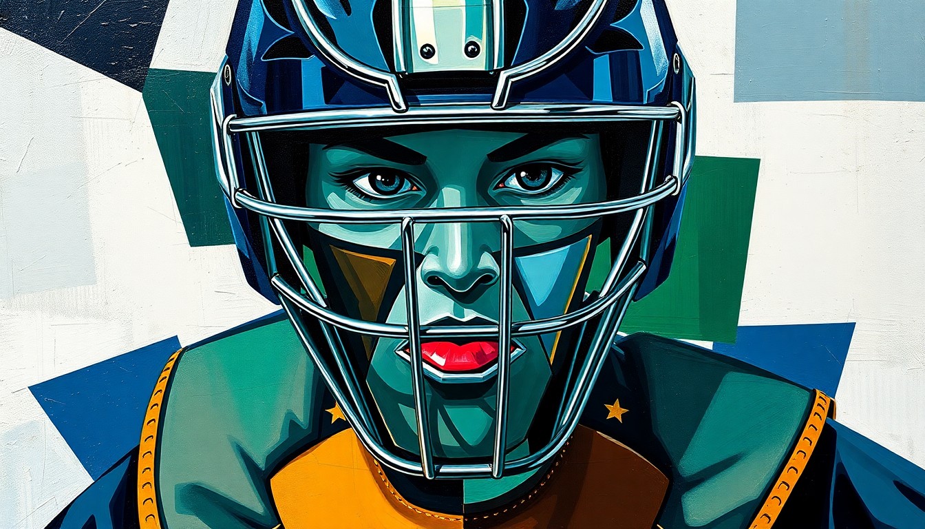 A cubist, geometric painting depicting a baseball catcher's gear in overlapping planes of navy, green, and silver, conveying the competitive nature of Garver's return to the Mariners.