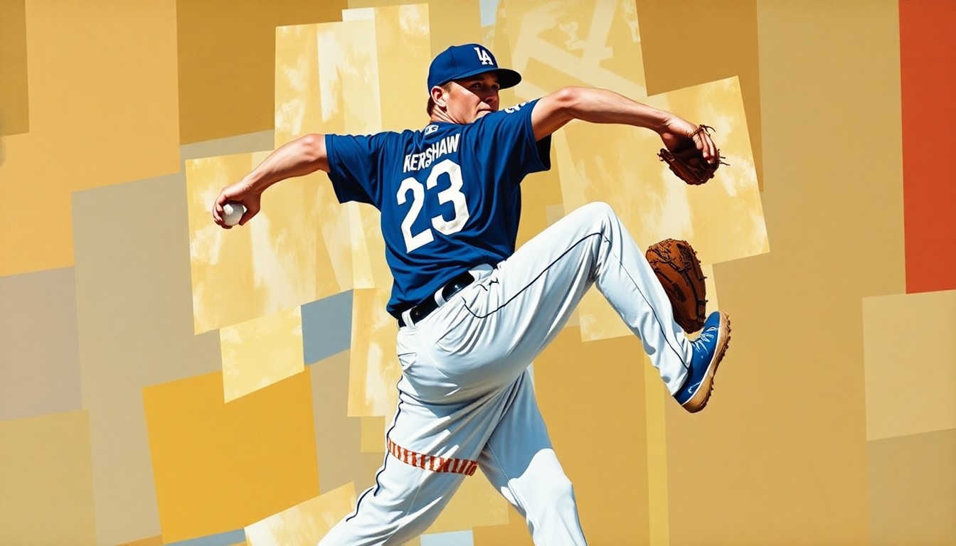 A fractured, multi-perspective painting depicting the motion of a baseball pitcher, broken down into sharp, overlapping geometric planes in shades of blue and white, conceptually representing the evolution of a star player's role within an organization.