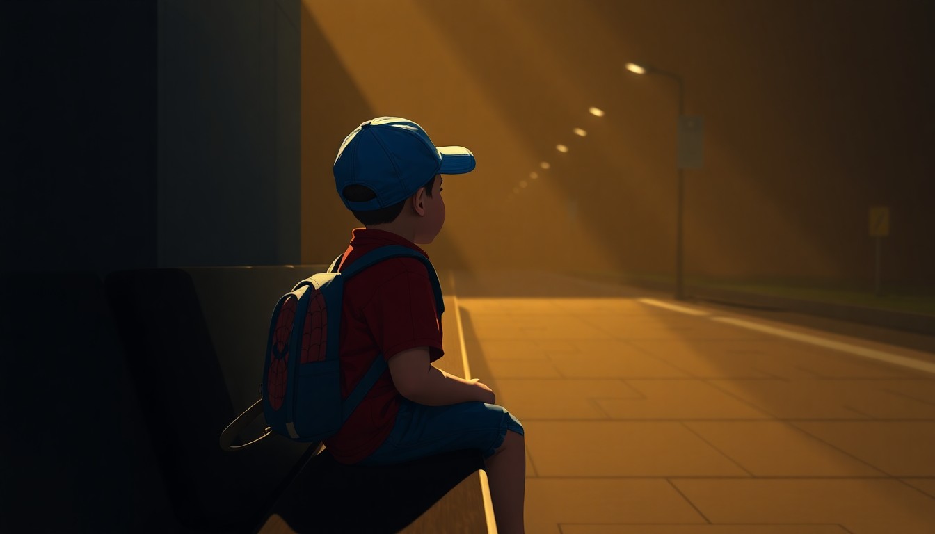 A cinematic painting of a solitary young boy sitting alone on a bench in a dimly lit urban setting, bathed in warm, diagonal sunlight and deep shadows, capturing the melancholy and isolation of a child detained by immigration authorities.