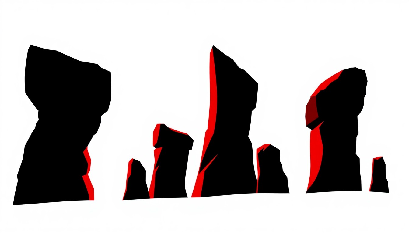 A bold, abstract composition of stark black silhouettes and geometric shapes in high-contrast red and white, conceptually representing the towering limestone sculptures created by the renowned Kansas artist Pete Felten.