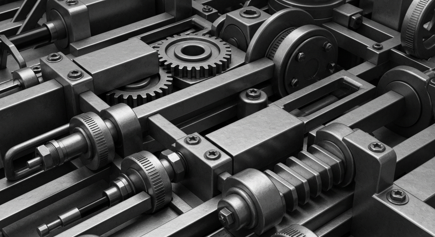 An extreme close-up of various metallic gears, levers, and industrial components in shades of gray, representing the intricate mechanics of the financial industry.