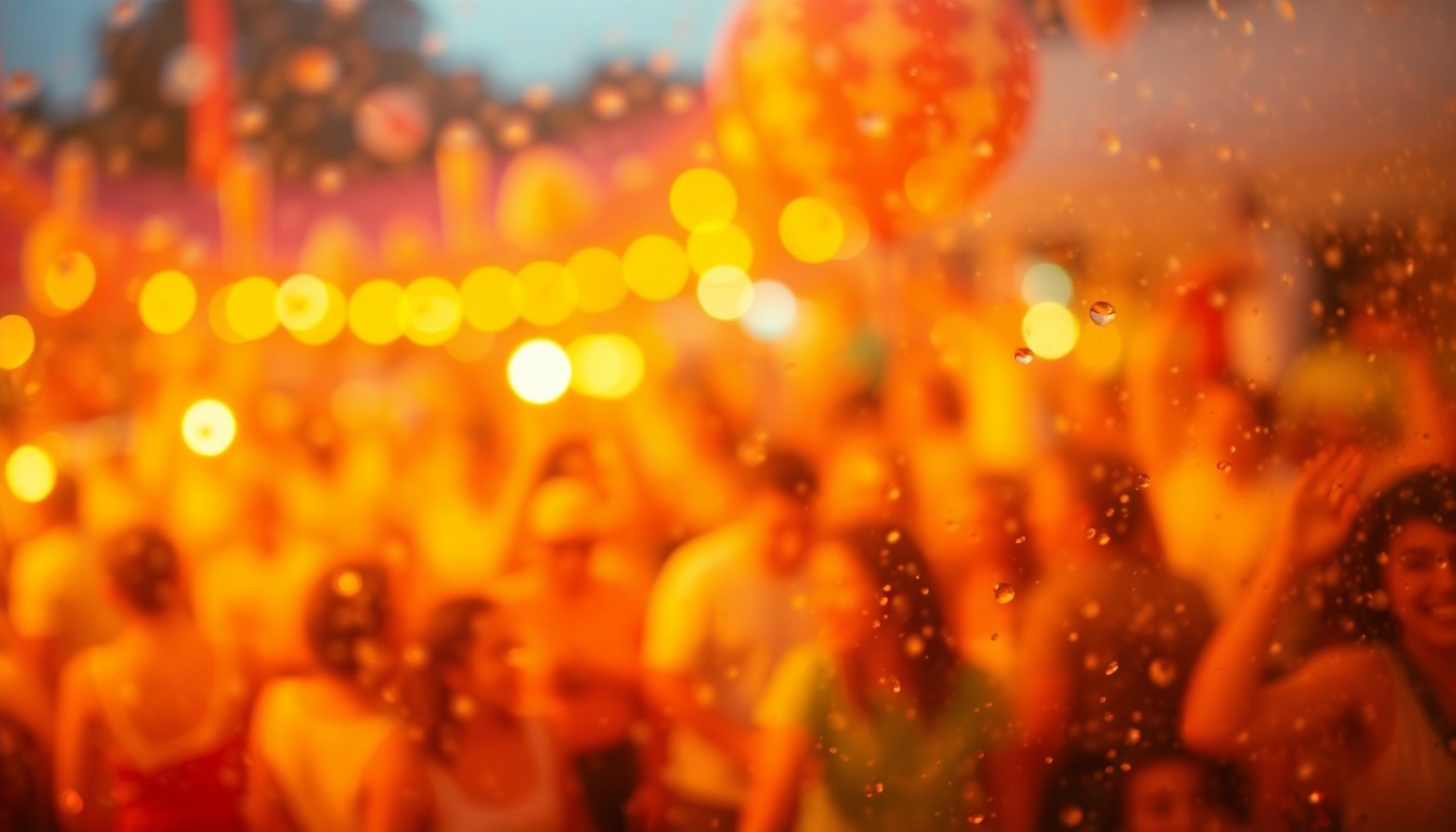 An extremely abstracted, out-of-focus photograph depicting a warm, hazy scene of a community celebration with blurred figures, vibrant colors, and a sense of joyful energy.