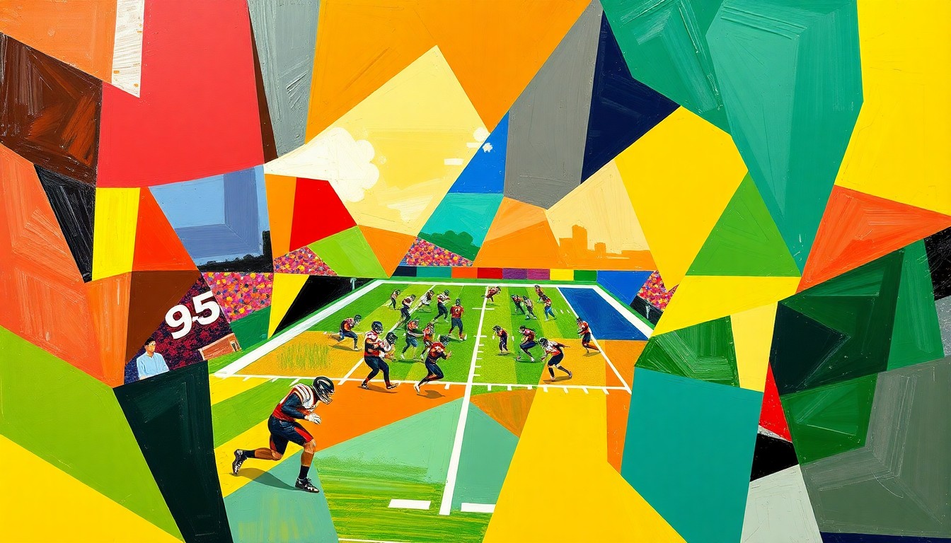 A cubist, geometric painting depicting a college football game or match, with sharp, overlapping planes of color representing the team's official colors and the fractured, multi-perspective nature of the sport.