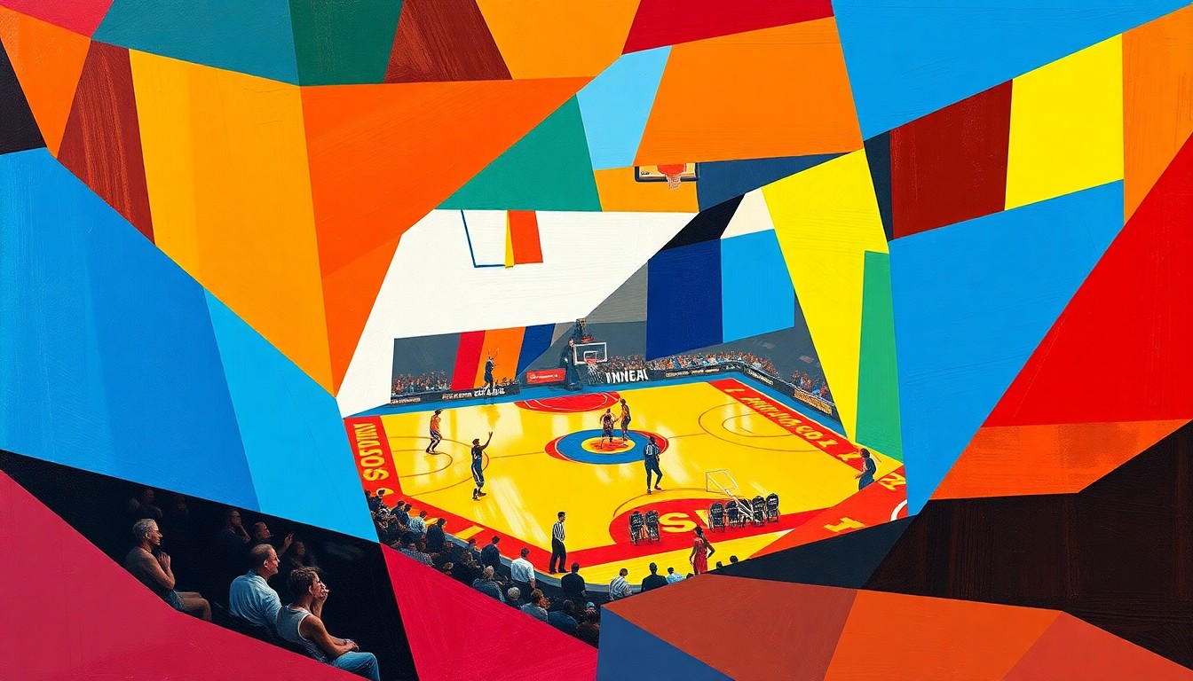 A cubist, geometric painting depicting a fragmented WNBA game or match, with sharp, overlapping planes of color representing the dynamic energy and movement of the sport.