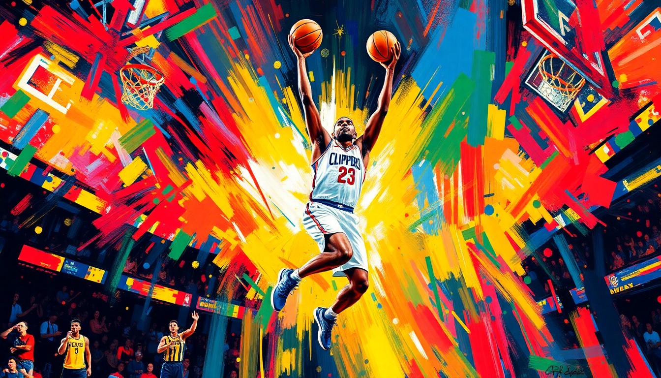 An abstract, energetic painting in neon colors capturing the intense moment of Kawhi Leonard's game-winning shot, with the players' forms and the basketball court dissolving into expressive brushstrokes.