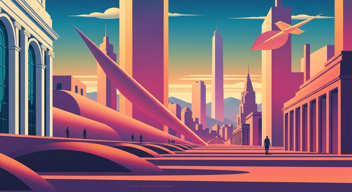 A highly stylized, geometric illustration depicting the grand scale and sweeping vistas of a coastal city, with bold gradients and sleek, streamlined forms evoking the Art Deco style.