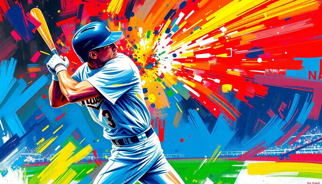 An abstract, expressionist painting in neon colors depicting the explosive motion of a baseball player's swing, with the bat shattering and splintering apart, conveying the raw energy and unpredictability of the sport.