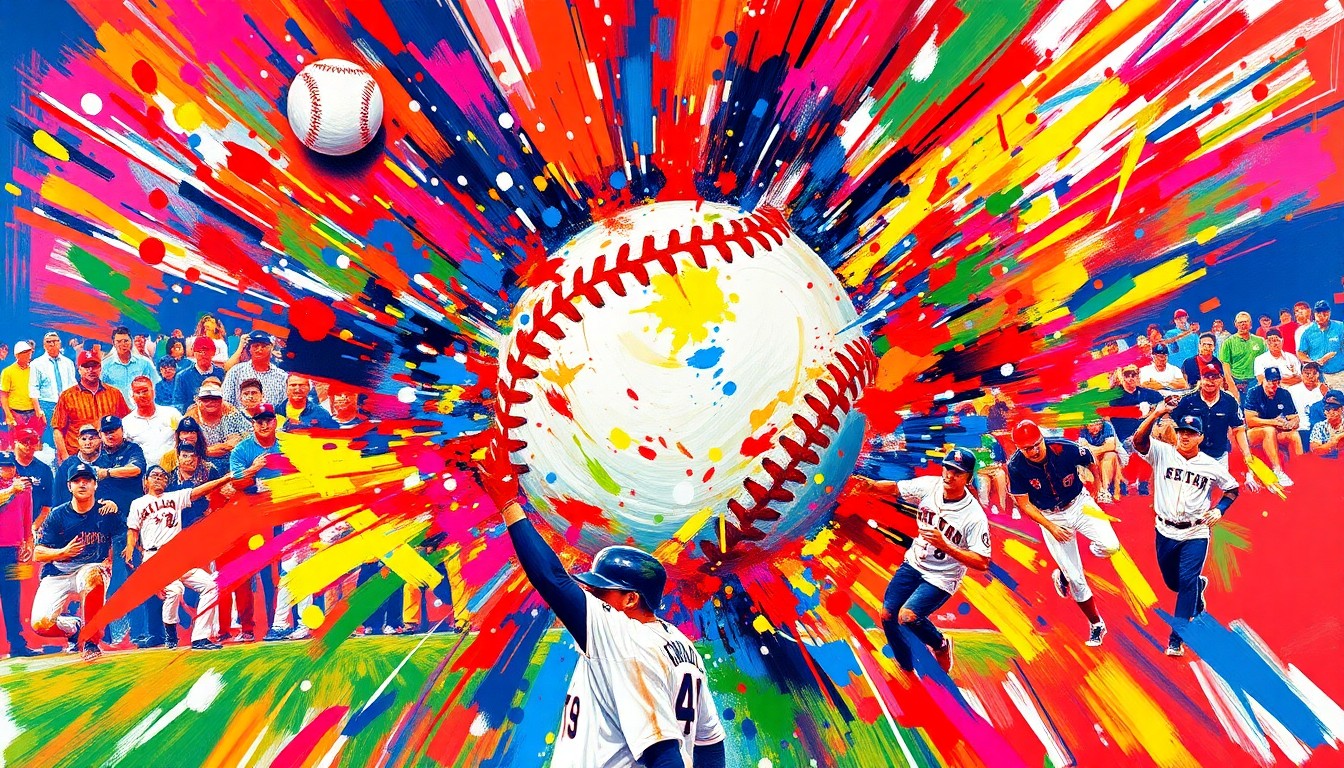 An extreme close-up of a baseball in mid-flight, surrounded by a burst of vibrant, neon-colored brushstrokes that capture the raw energy and excitement of Xander Bogaerts' game-winning hit for the San Diego Padres.