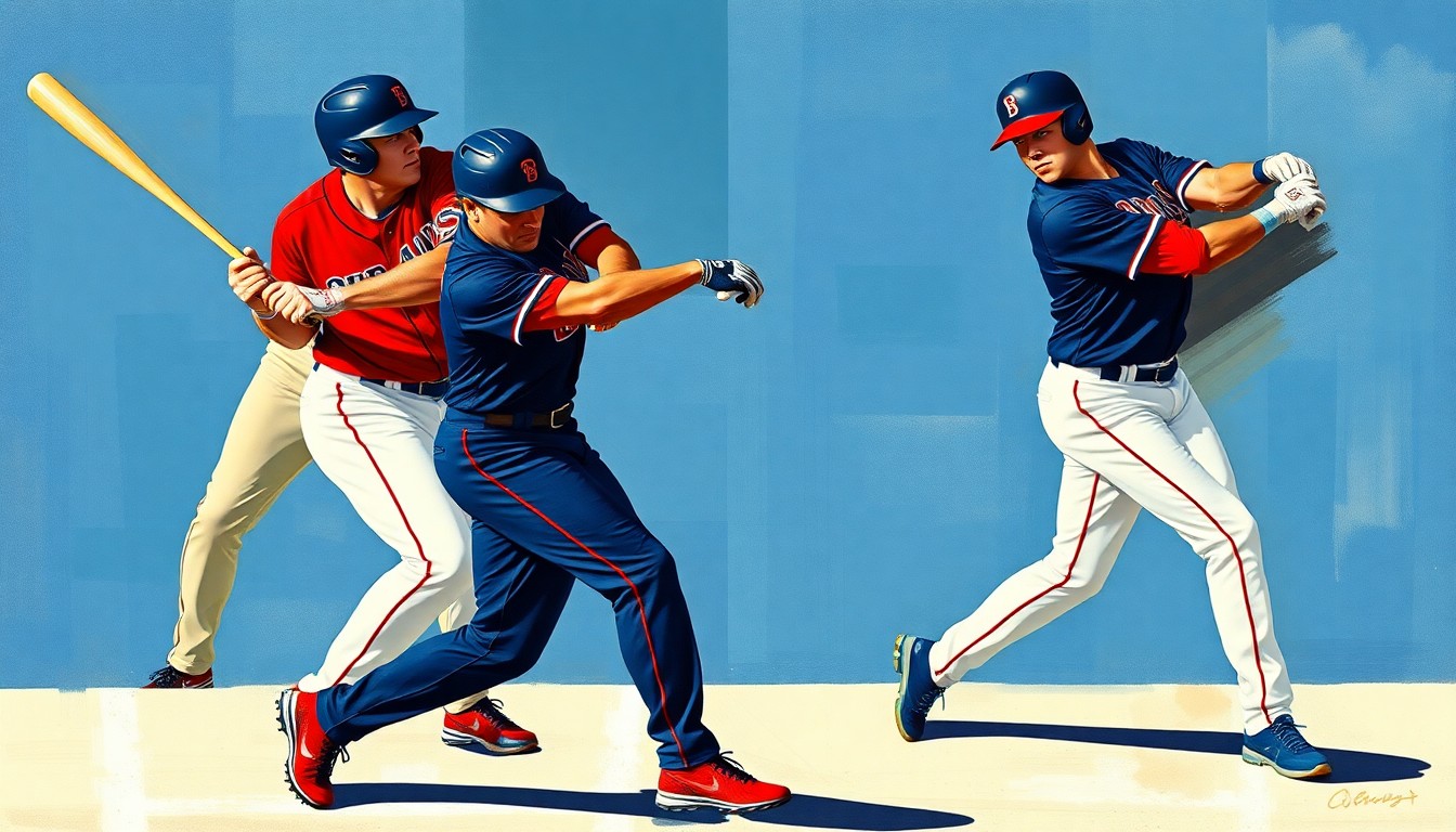 A cubist-style painting depicting the Cleveland Guardians baseball player José Ramírez in various batting poses, with his figure broken down into sharp, overlapping geometric shapes in the team's navy blue, red, and white colors, conveying the idea of a long, storied career with a single franchise.
