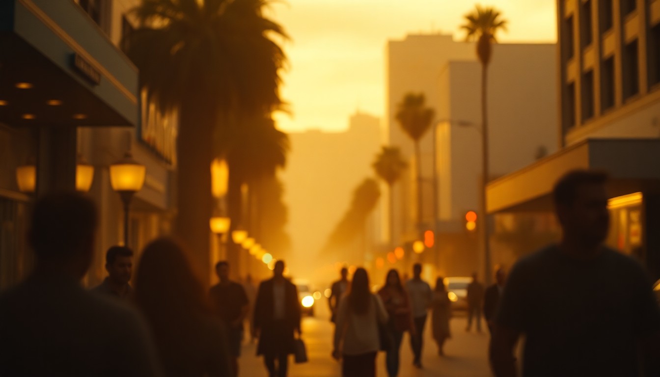An extremely abstracted, out-of-focus photograph shot through condensation or rain-streaked glass, depicting a bustling street scene in Los Angeles with the silhouettes of pedestrians and the faint outlines of buildings in the background, conveying a sense of intimacy and connection.