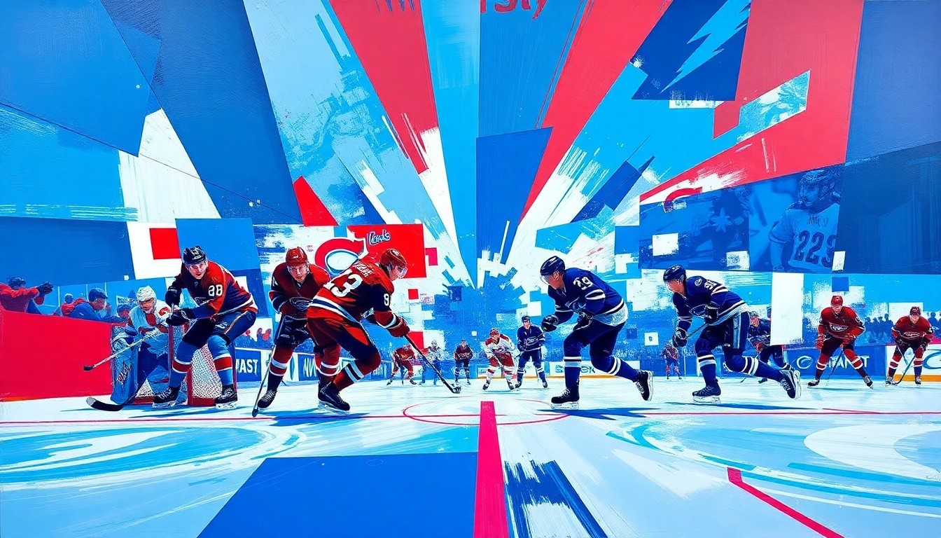 A fractured, multi-perspective painting in vibrant shades of blue, red, and white, capturing the raw energy and intensity of a hockey game between the Montreal Canadiens and Tampa Bay Lightning.