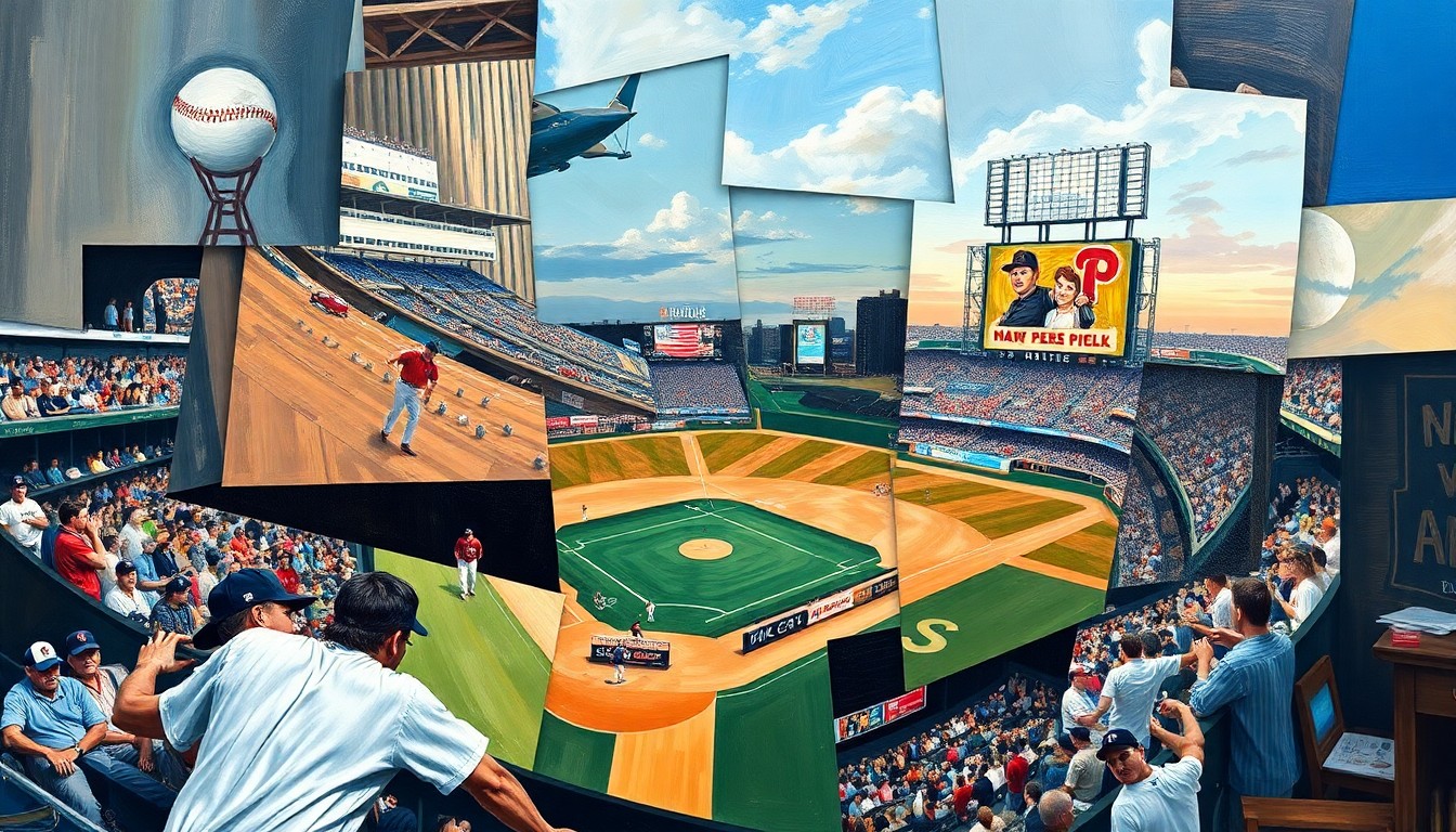 A fragmented, geometric painting depicting a baseball game in progress, with players and field elements broken down into sharp, overlapping shapes and planes, conveying the conceptual essence of the Giants' dominant performance.