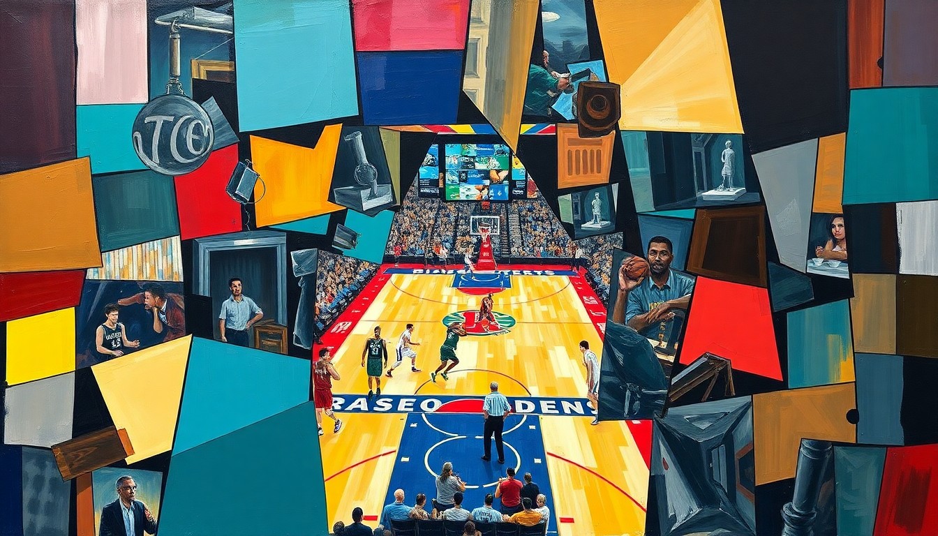 A cubist-style painting depicting a basketball game in progress, with the players and court broken down into abstract, geometric shapes and planes of color, creating a dynamic and visually striking representation of the action.