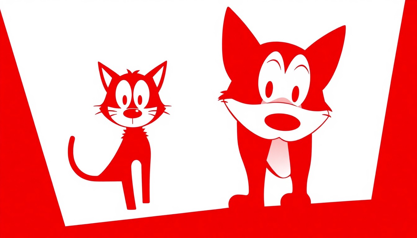 An abstract, minimalist illustration featuring bold, jagged shapes in red and white, conceptually representing the iconic 'CatDog' characters and the energy of the show's theme song.