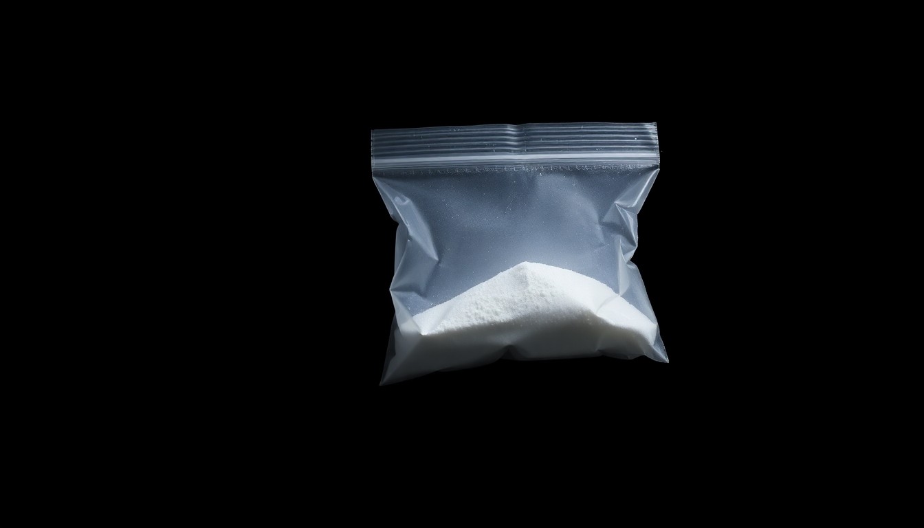 An extreme close-up photograph of a single plastic baggie containing white powder, lit by a harsh, direct camera flash against a pitch-black background, conceptually illustrating the investigation of a drug-related crime.