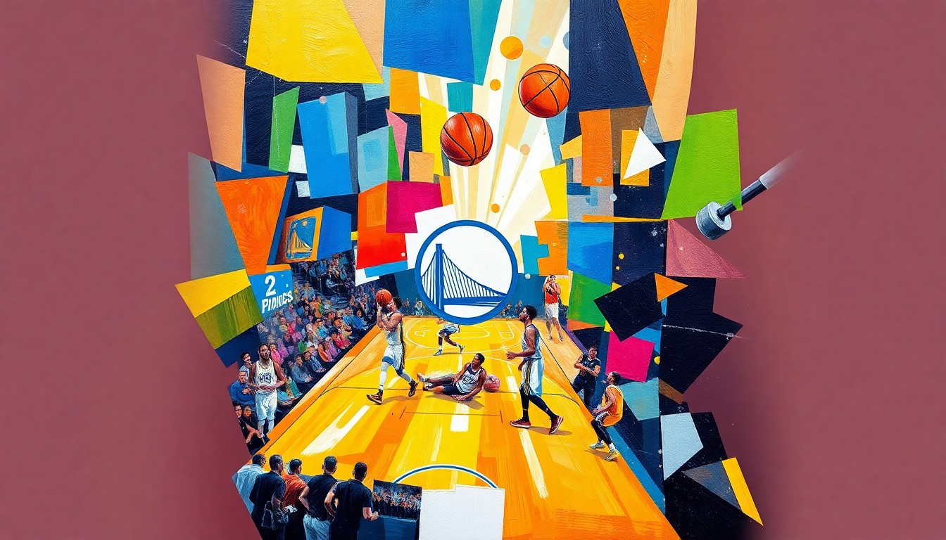 A fragmented, geometric painting in bold colors representing the back-and-forth action of a basketball game, with the shapes and lines conveying the competitive spirit of the teams.