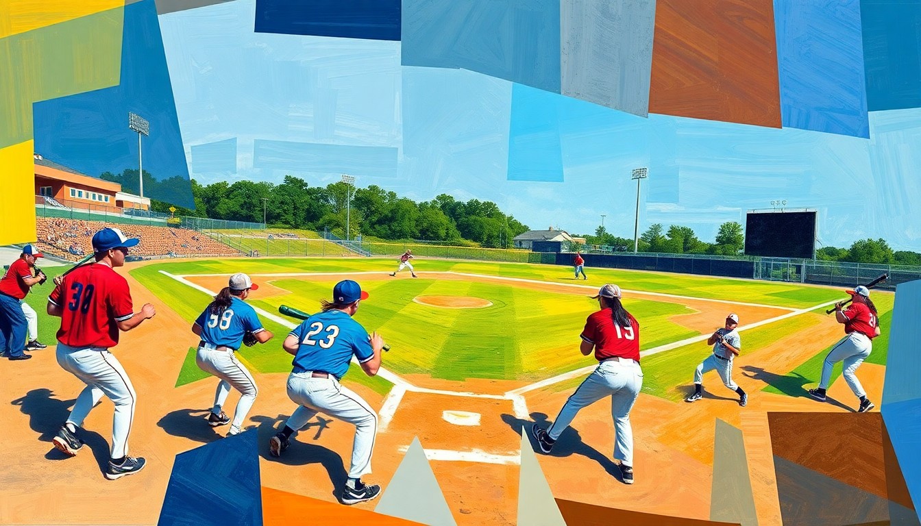 A cubist, geometric painting depicting the dynamic action and energy of a high school softball game, with overlapping shapes and planes in bright, vibrant colors.