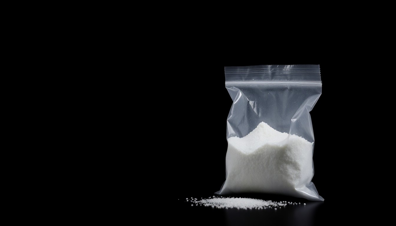 An extreme close-up photograph of a small plastic bag containing white crystalline powder, conceptually illustrating the drug trafficking crime at the center of this case.