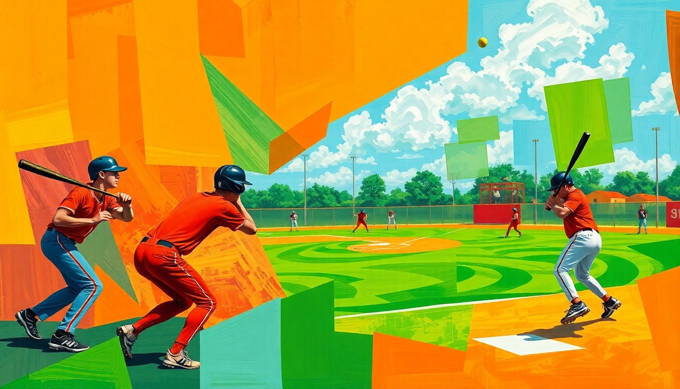 A cubist, geometric painting depicting the dynamic action of a high school softball game, with fragmented shapes and vibrant colors representing the players, bats, and field.