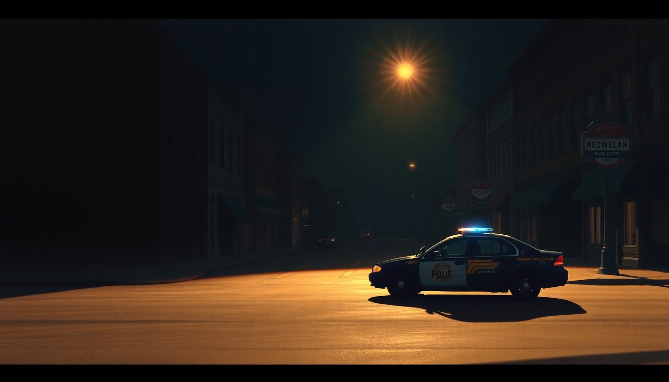 A cinematic painting of a solitary police car parked on a dimly lit street in downtown Cheyenne, with warm, diagonal sunlight and deep shadows creating a contemplative, nostalgic mood.