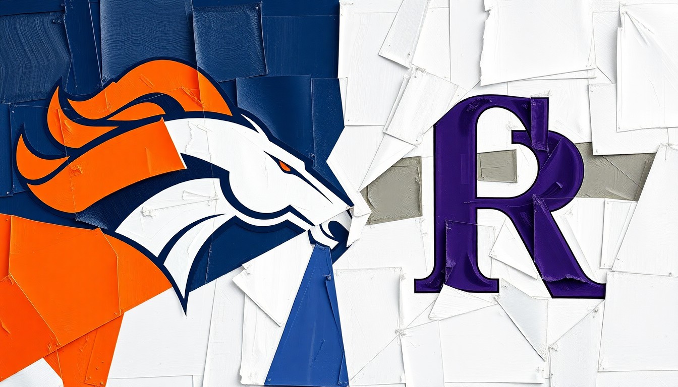 A cubist, geometric painting that deconstructs the logos and uniforms of the Denver Broncos and Colorado Rockies into sharp, overlapping shapes and planes in their official team colors.
