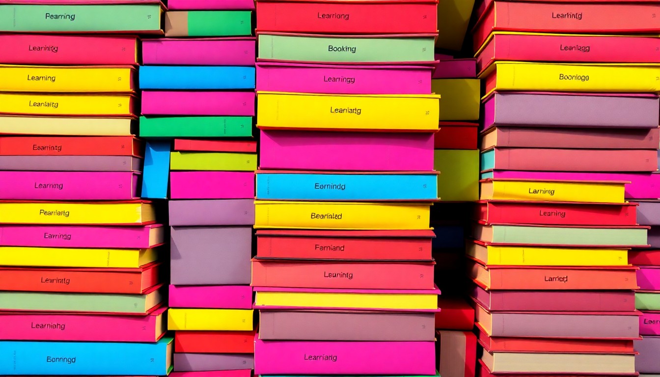 A brightly colored, high-contrast silkscreen print of a stack of language textbooks in various neon colors, repeated in a tight grid pattern, capturing the pop art spirit of Harvard's new collaborative approach to language education.
