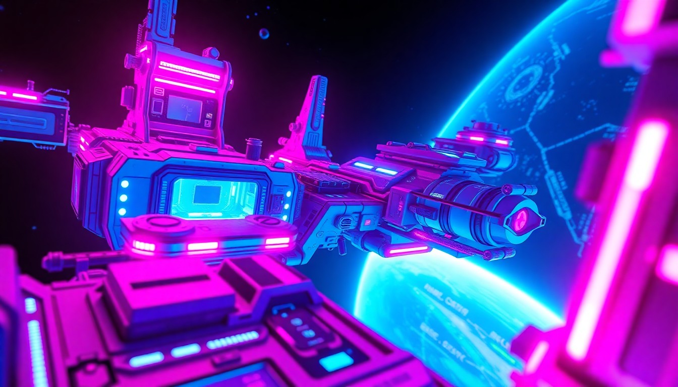 A highly detailed, 3D illustration of a futuristic space station or orbital platform, with various technological elements like docking bays, solar panels, and communication arrays illuminated by vibrant neon cyan and magenta lights, creating a sense of advanced, cyberpunk-inspired technology.