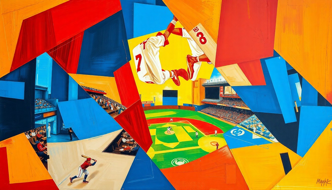 A cubist, geometric painting depicting a baseball game or match, with sharp, overlapping planes of vibrant colors like royal blue, crimson red, and golden yellow, capturing the strategic nature of the trade between the Rockies and Diamondbacks.