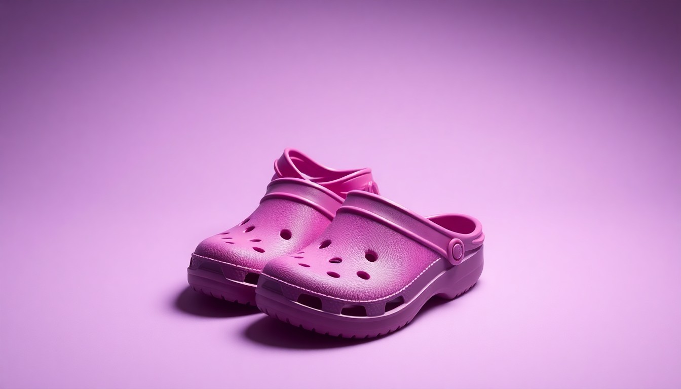 A photorealistic studio still-life image featuring a pair of vibrant Crocs foam slip-on clogs, symbolizing the brand's integration into the creative television process.