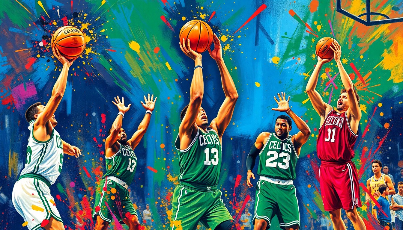An extreme close-up of Celtics players' arms and hands in mid-shooting motion, with the basketball dissolving into a vibrant neon blur, conceptually illustrating the team's record-setting 3-point performance.
