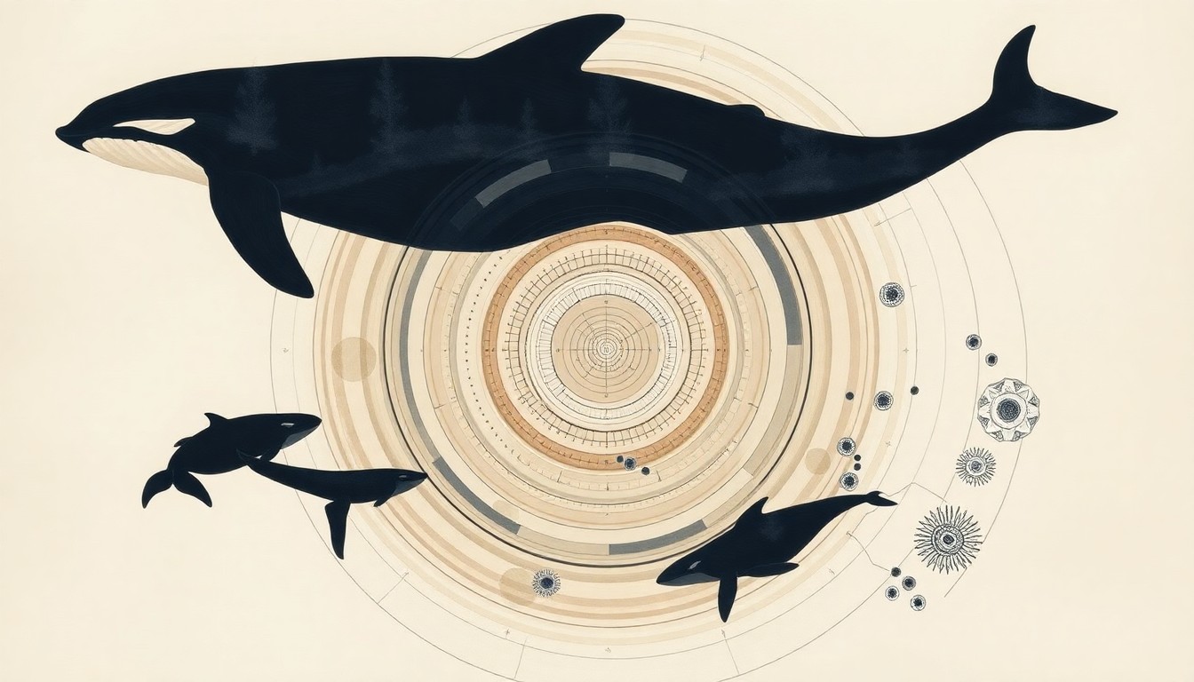 An abstract painting in muted greens, blues, and grays, featuring sweeping geometric shapes and organic spirals that evoke the complex migratory patterns and interactions of killer whales in a marine ecosystem.