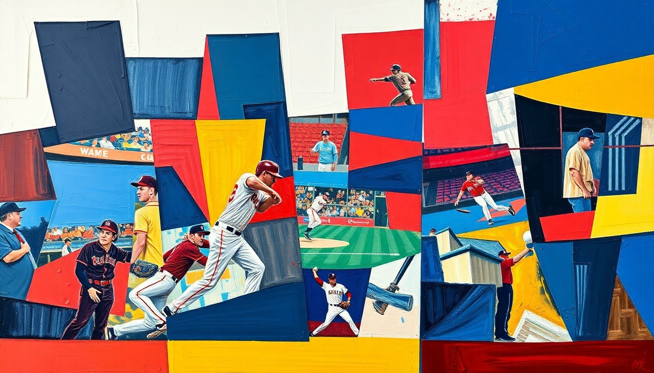 A cubist, geometric painting depicting fragmented baseball players and field elements in a vibrant color palette, conceptually representing the mixed reactions to the Padres' offseason moves.