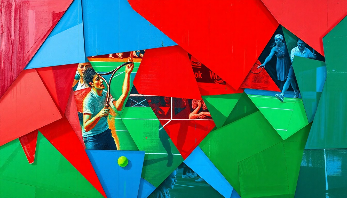 A cubist, geometric painting depicting a tennis match in motion, with overlapping planes of color and form representing the dynamic energy and contrasting styles of the two players.
