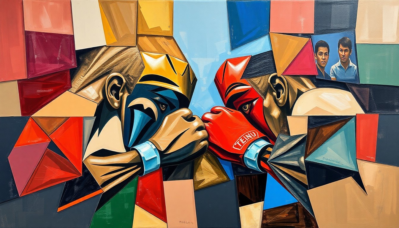 A fractured, geometric painting depicting the Spence Jr. vs. Tszyu boxing match, with sharp, overlapping planes of color and form representing the dynamic nature of the anticipated bout.