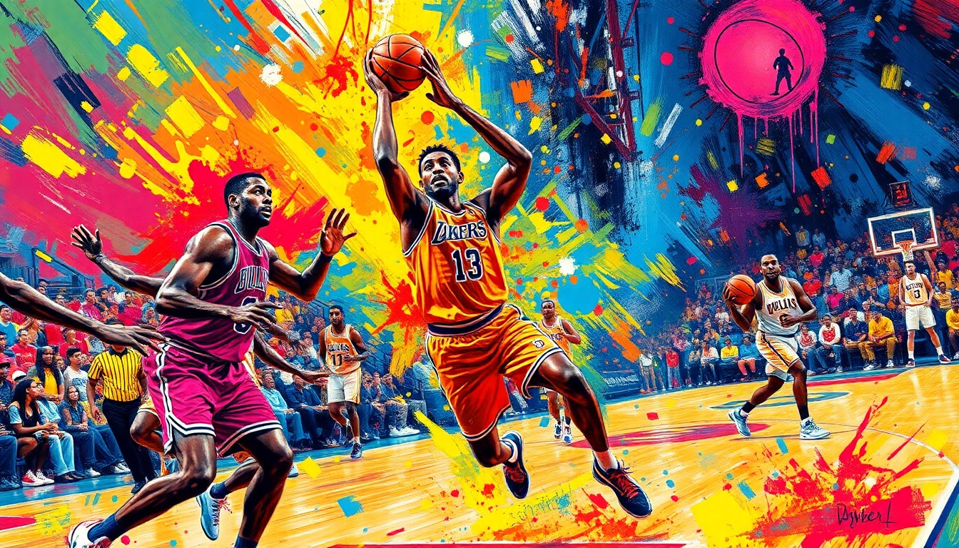 A vibrant, energetic painting with rapid brushstrokes and neon colors capturing the dynamic movement and intensity of a basketball game, with the players' faces and jerseys dissolved into unrecognizable splatters.