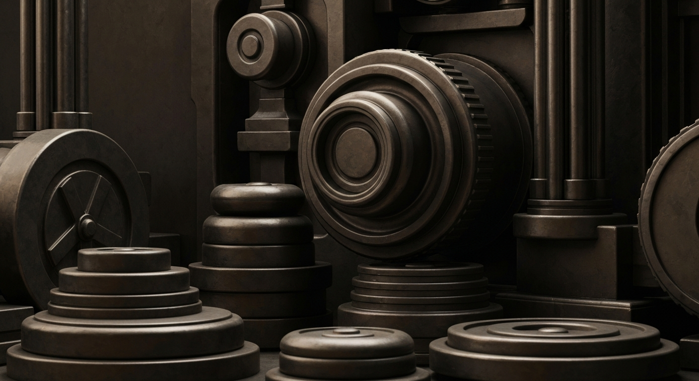 An extreme close-up of gears, levers, and other heavy industrial banking machinery, conveying the tangible, powerful nature of the financial systems underpinning the stablecoin revolution.