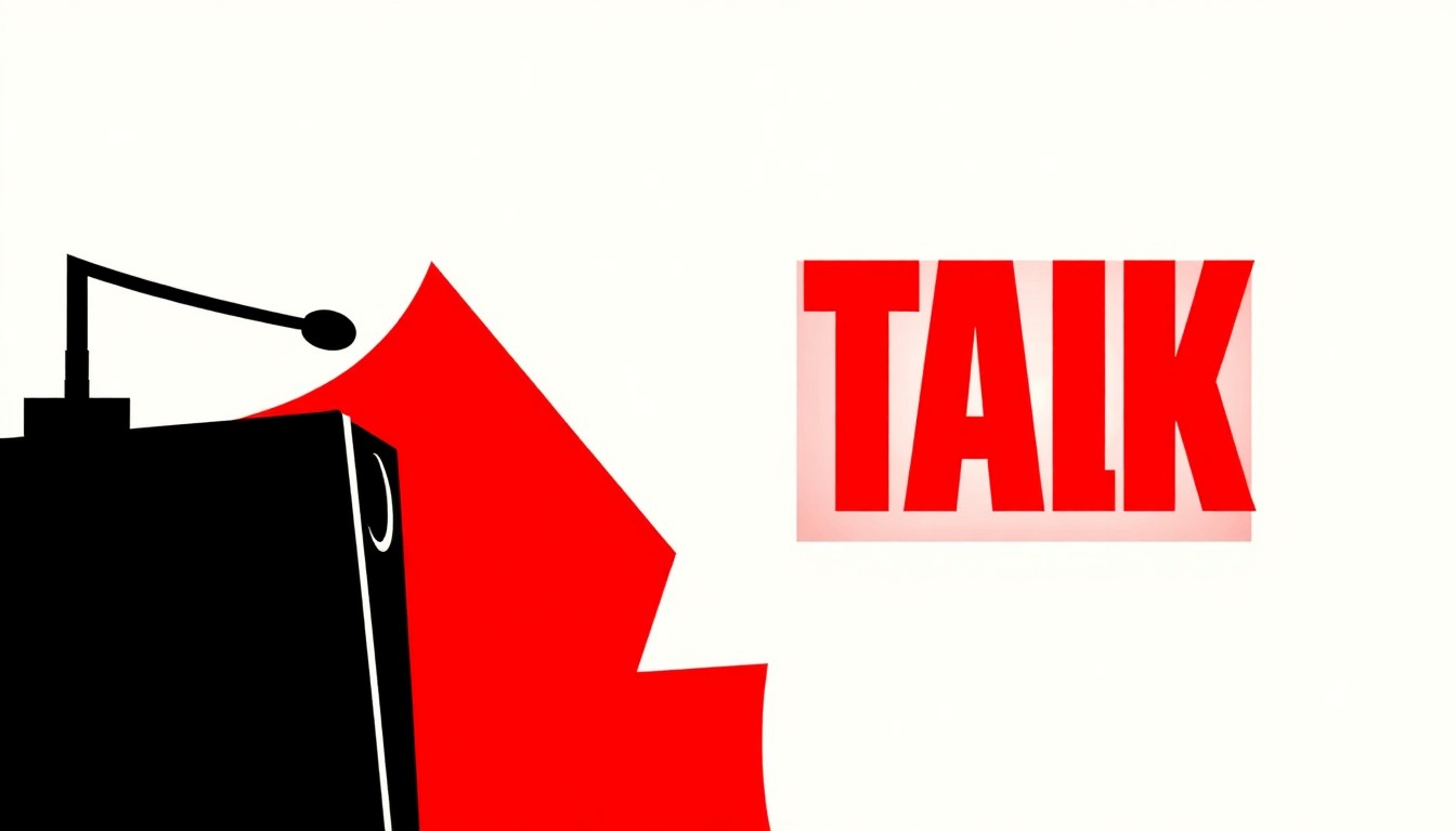 An abstract illustration featuring bold, geometric shapes in red and white, conceptually representing the transition of a public radio station into a commercial talk format.