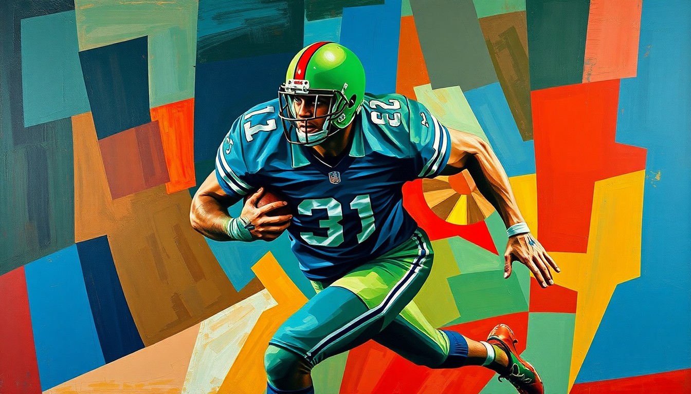 A cubist, geometric painting depicting a football player in mid-stride, with their face and uniform abstracted into sharp, overlapping planes of color, capturing the raw energy and movement of the sport.
