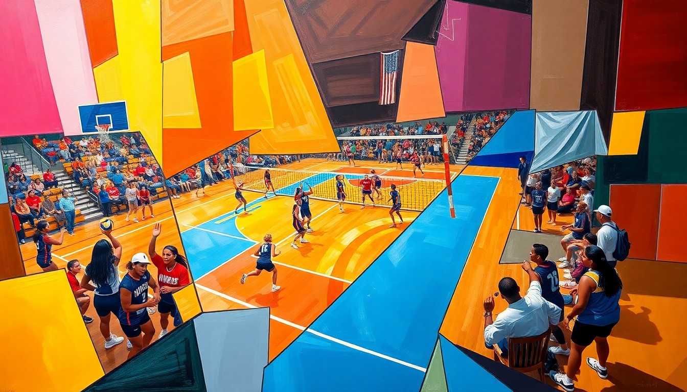 A cubist, geometric painting depicting a volleyball match in progress, with the players and court fragmented into overlapping planes of bright colors and sharp angles.
