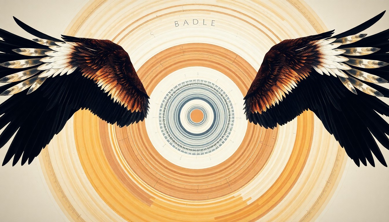 A bold, abstract painting in muted greens, browns, and blues, featuring sweeping geometric arcs, concentric circles, and precise botanical spirals, conceptually representing the complex life cycle and natural rhythms of bald eagles.