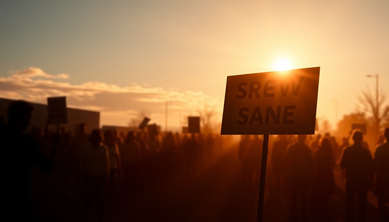 A serene, painterly depiction of a lone protest sign or demonstration scene, rendered in muted tones and dramatic lighting to capture the emotional weight of the controversy.