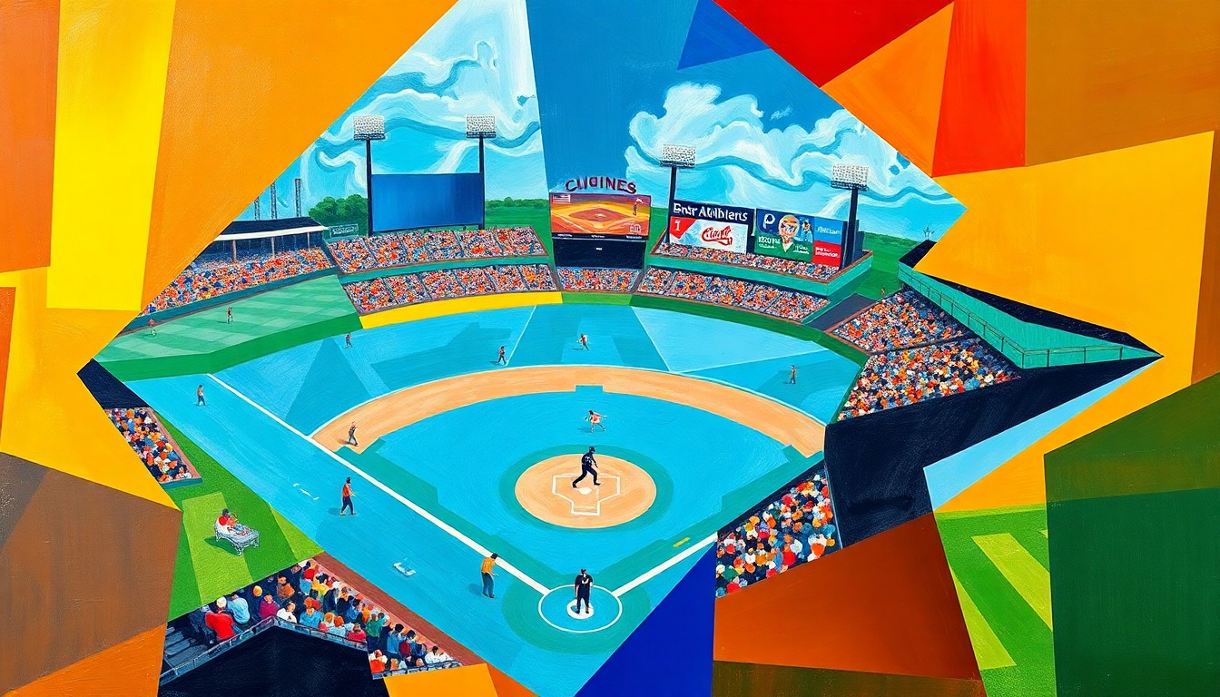 A cubist, geometric painting depicting a baseball game in progress, with overlapping planes of color and shape representing the players, field, and action.