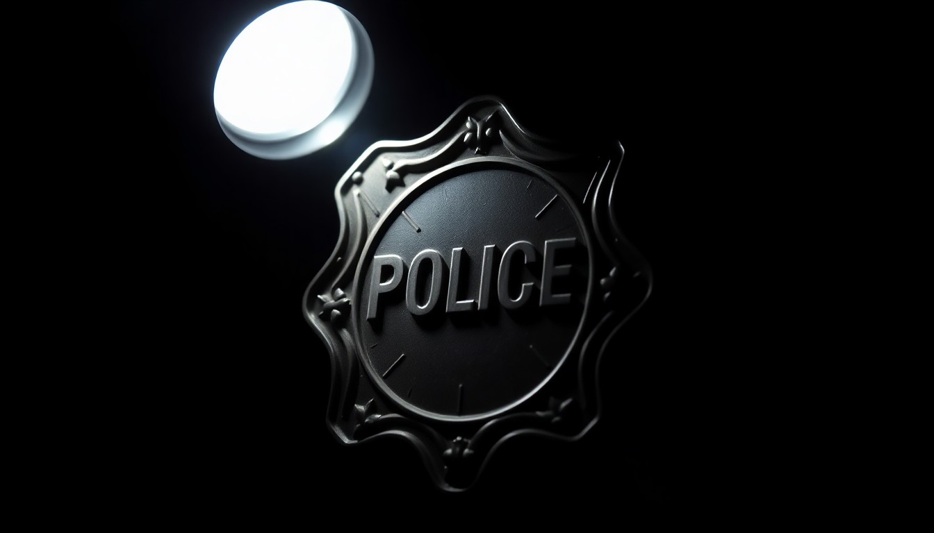 An extreme close-up photograph of a police badge or insignia, dramatically lit by a harsh camera flash against a pitch-black background, conveying a somber, investigative mood.
