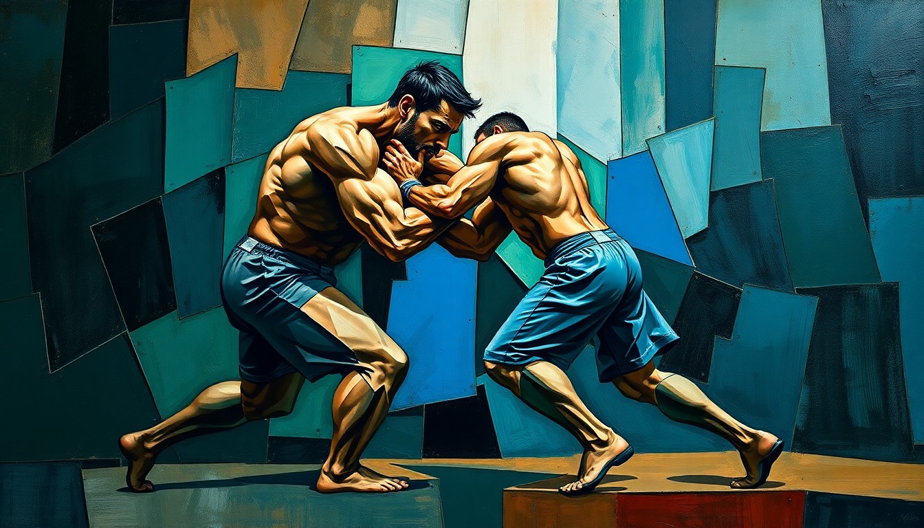 A cubist, multi-perspective painting depicting the intense physical clash between two fighters of vastly different sizes, their forms broken down into sharp, overlapping geometric shapes in earthy tones.