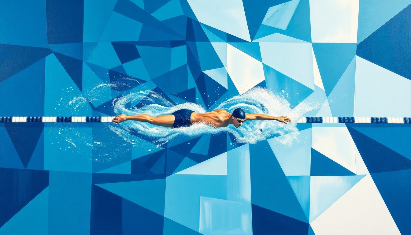 A fractured, geometric painting depicting the motion and energy of a 50-meter swimming race, with overlapping planes of deep blue, teal, and white conveying the competitive intensity and challenges of the new Olympic events.